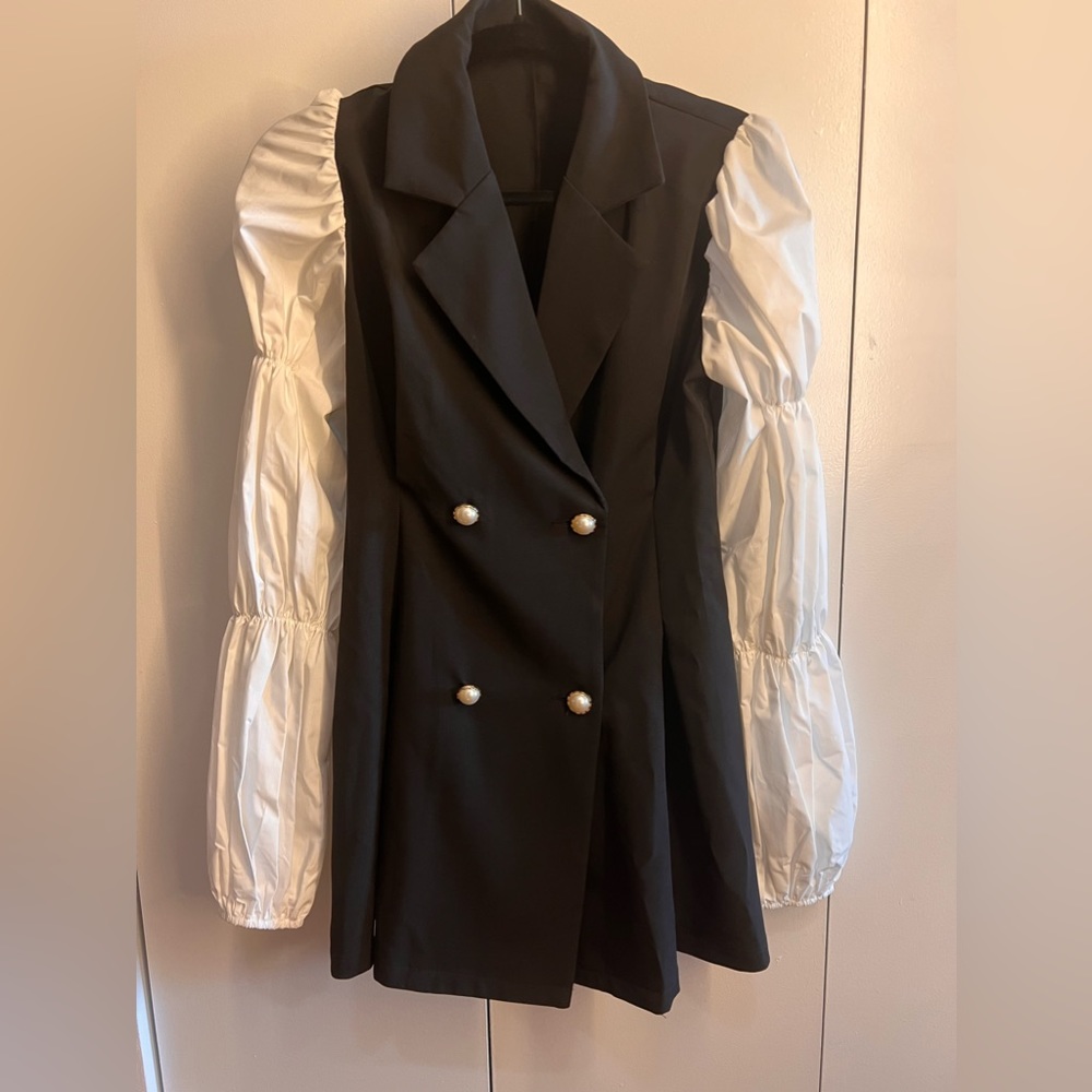 Romantic Lantern Sleeve Blazer Suit Dress with Pearl Buttons